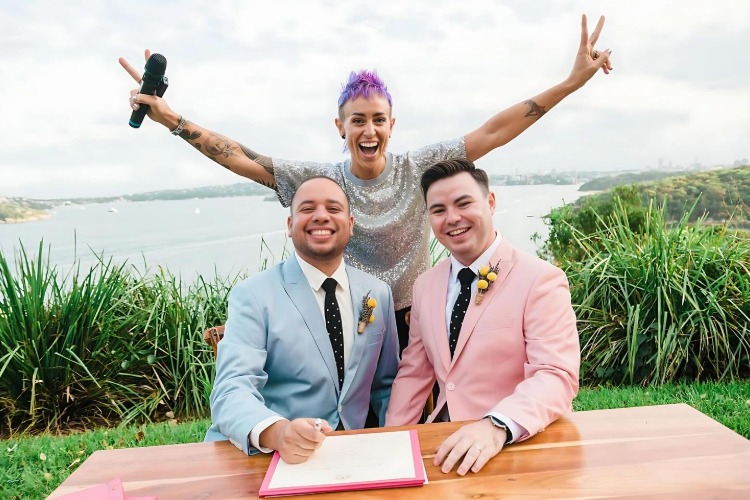 Budget friendly LGBT celebrant Liz Watson with newly married grooms in Sydney