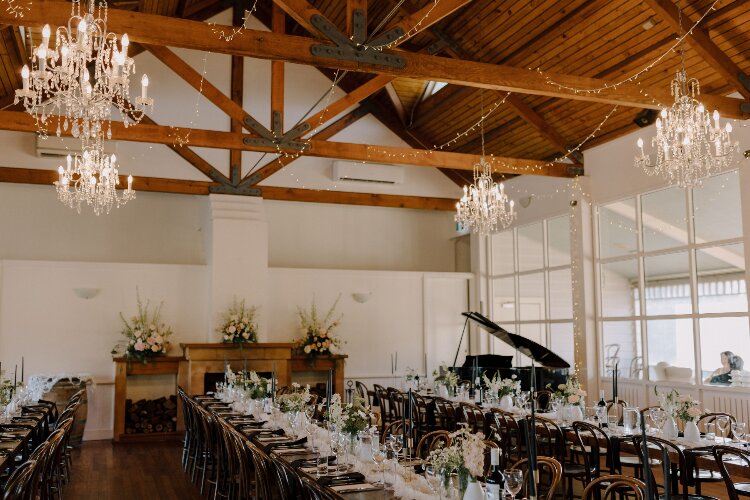 Rustic reception hall with piano at Wandin Valley Estate in the Hunter Valley