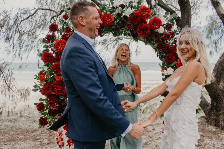 Fun Wedding Celebrant Sue with laughing Bride & Groom
