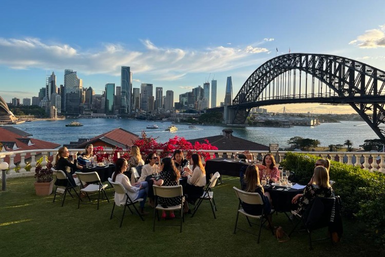 Garden wedding reception on a Kirribilli Terrace with Sydney Harbour Bridge view
