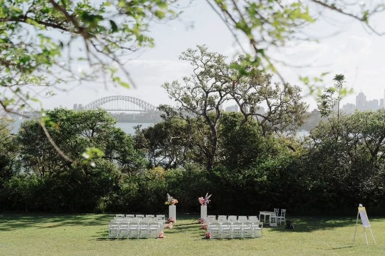 Athol Hall's National Park wedding ceremony space with Sydney Harbour views