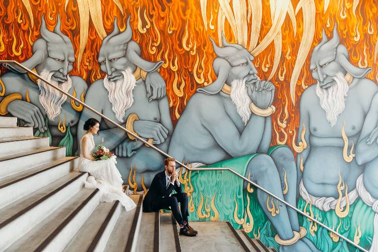 Bride & Groom in a stairwell near The Grounds Of Alexandria shot by Paper Cranes