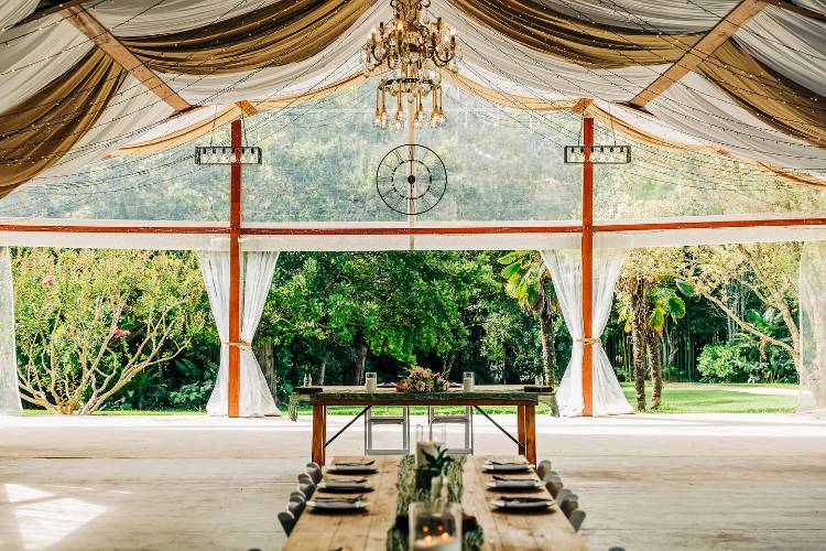 Rustic DIY wedding space with long reception tables at The Linton in Somersby