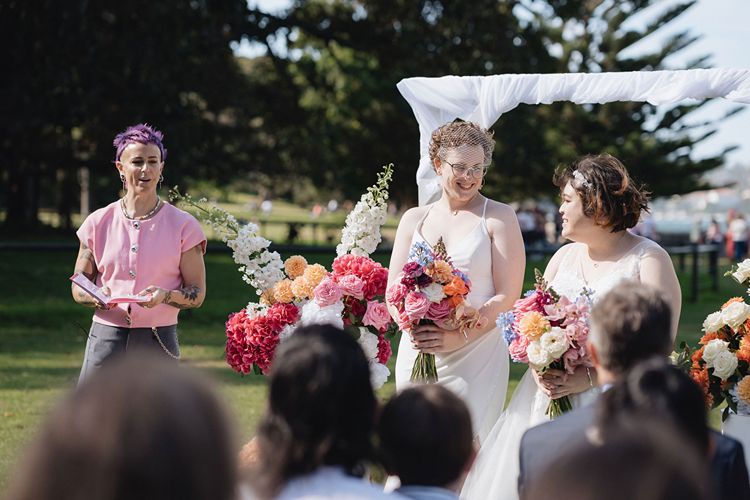 LGBT celebrant Liz Watson officiating an elopement in the Royal Botanic Gardens