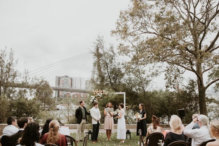 Garden ceremony at Bellevue Cottage in Sydney with Anzac Bridge views